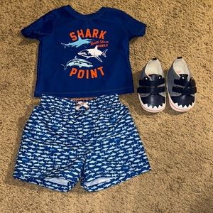 Oshkosh matching swim set and carters shark shoes. Size 6 months